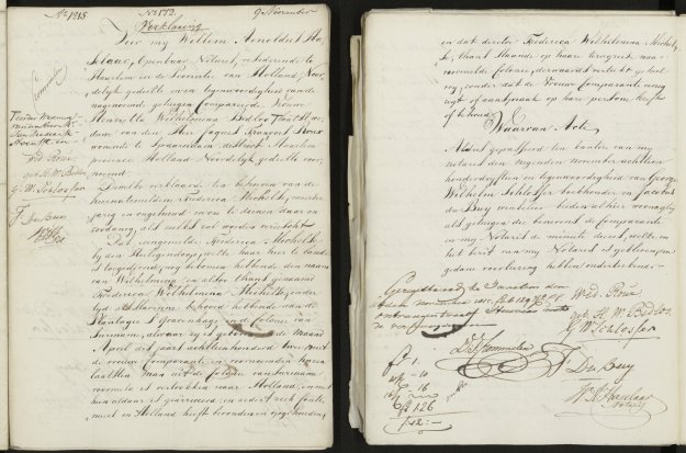Scans van de Haarlemse notarisakte waarin Henriette Wilhelmina Bedloo verklaart dat Frederica Wilhelmina Michelse geheel vrij naar Suriname mag reizen.