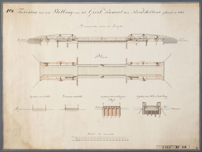 Teekening van eene vlotbrug over het Groot Kanaal door Noordholland gebouwd in 1821.